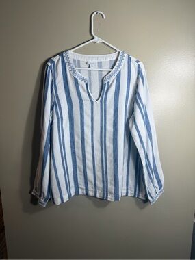 Pure Jill Blue White Striped Embroidered Cotton Peasant Blouse Sz M Coastal
